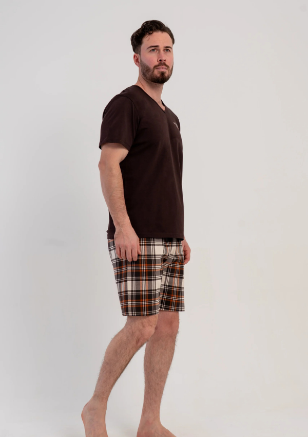Piżama Męska Vienetta Brown Check Comfort, Brązowy, r. M-XXL