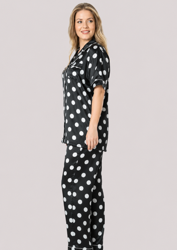 Piżama damska satynowa Vienetta, Dot Satin, Czarny, 1XL - 3XL
