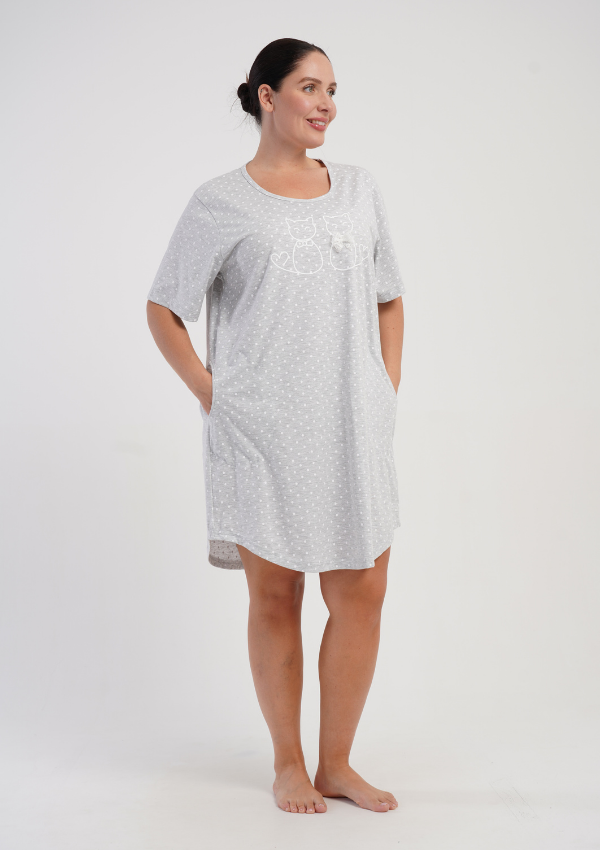 Koszula Nocna Damska Vienetta Lovely Cats, Szary, r. 1XL - 4XL