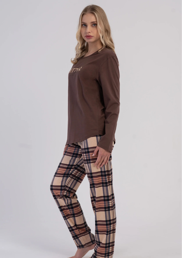 Piżama Damska Vienetta Cozy Check, Brązowy, r. S-XL