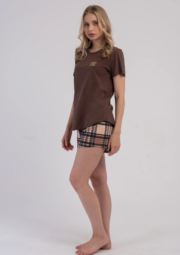 Piżama Damska Vienetta Cocoa Check, Brązowy, S -XL