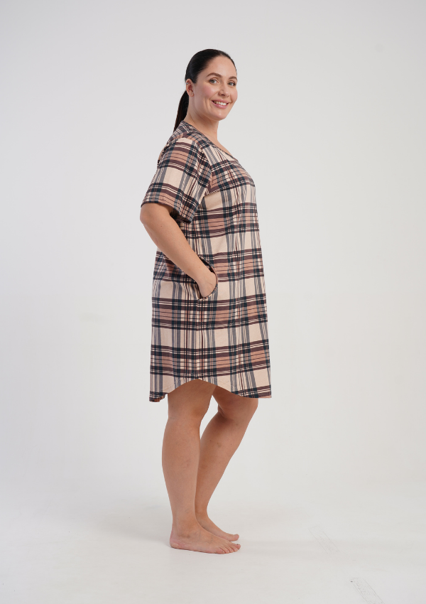 Koszula Nocna Damska Vienetta Classic Check, Brązowy, r. 1XL - 4XL