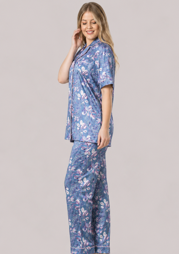 Piżama damska satynowa Vienetta, Blossom Satin, Niebieski, 1XL - 3XL