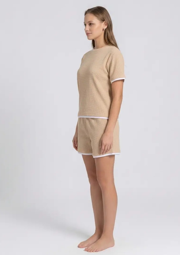 Piżama Damska Beige Waffle Set, Beżowy, M-XL