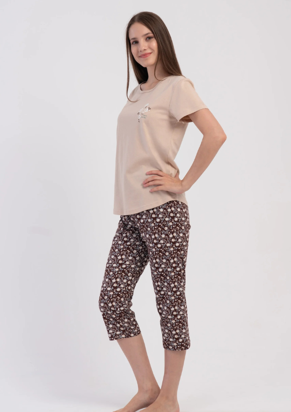 Piżama Damska Vienetta Beige Floral, Beżowy, r. M-XXL