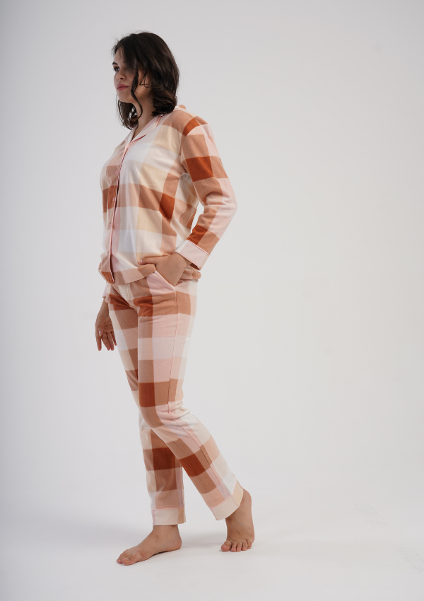 Piżama Damska Vienetta Cozy Plaid, Brzoskwiniowy, r. S-XL