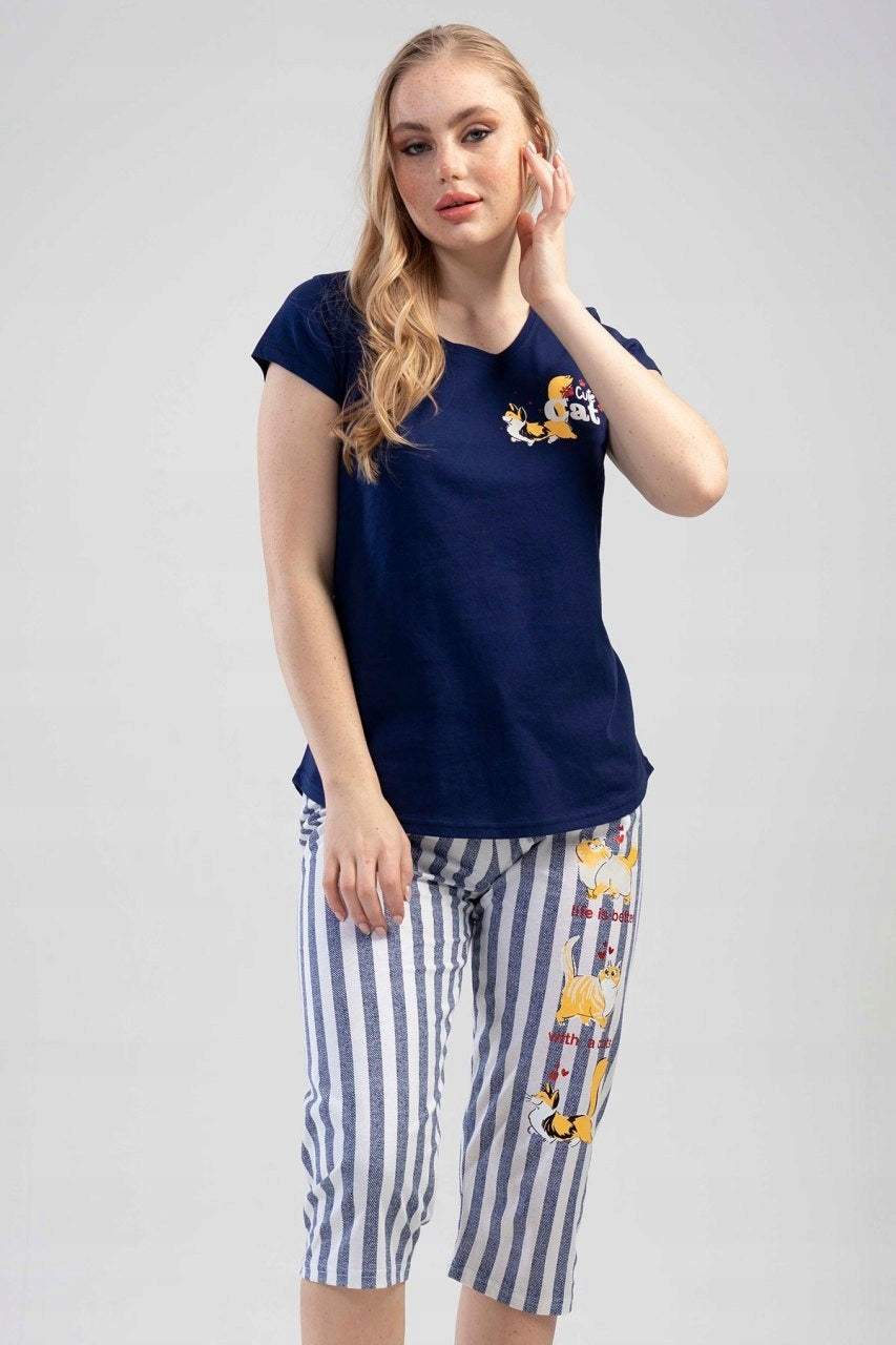 Piżama Damska Vienetta, Cute Cat, Granatowa, r. S-XL