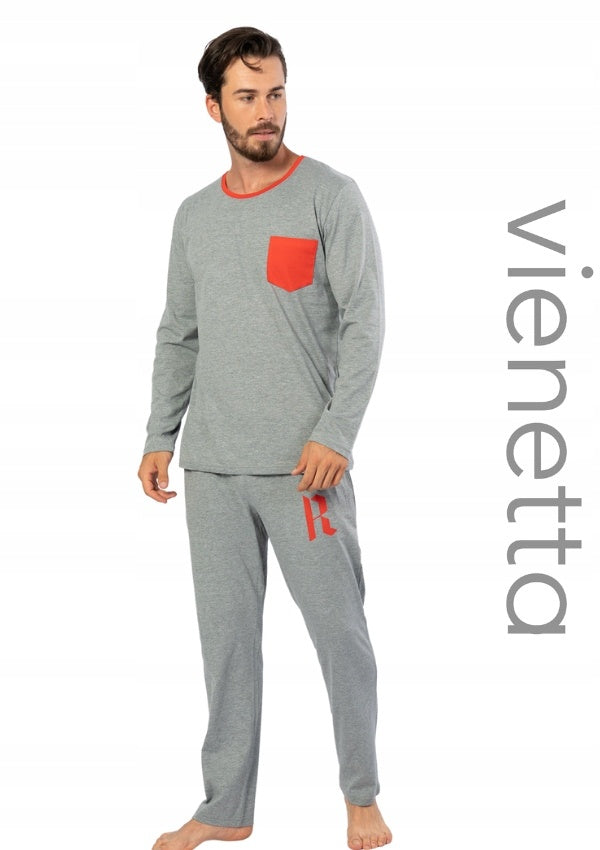 Piżama Męska Vienetta, Red Pocket, Szara, r. S-XL