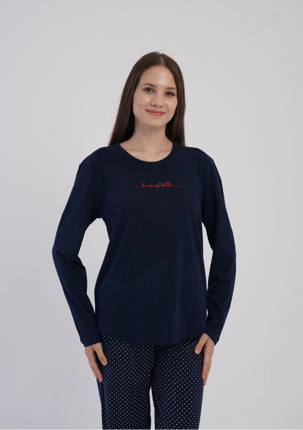 Piżama Damska Vienetta Navy Dots Comfort, Granatowy, r. M-XXL