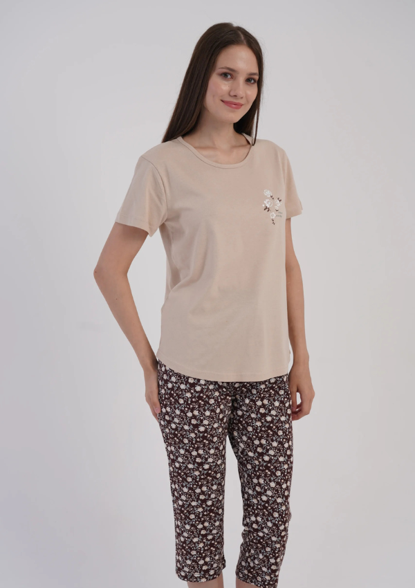 Piżama Damska Vienetta Beige Floral, Beżowy, r. M-XXL