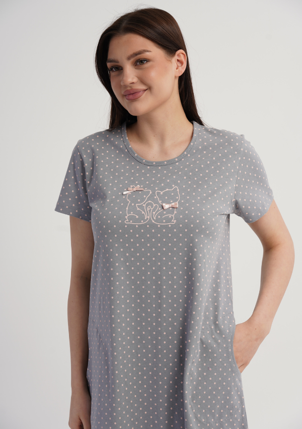 Koszula Nocna Vienetta Kitty Dots, Szary, r. M-XXL