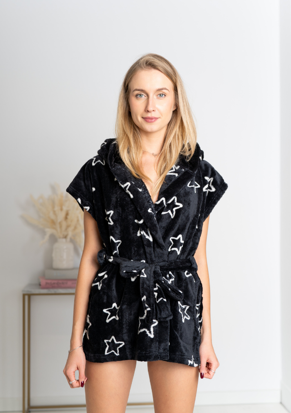 Szlafrok damski Vienetta, Gold Stars, Czarny, r. Onesize