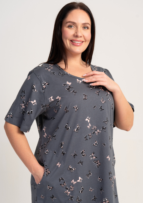 Koszula Nocna Damska Vienetta Butterfly Grace, Grafitowy, r. 1XL - 4XL