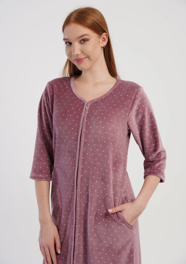 Szlafrok damski Welurowy Vienetta Dotty Velour, Różowy, r. M-XXL