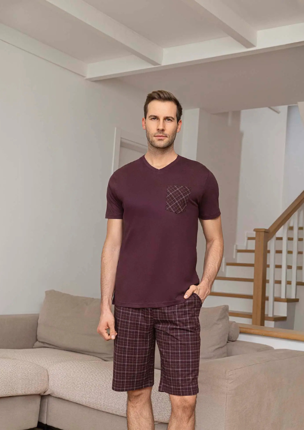 Piżama Męska Burgundy Check, Bordowy, r. M-XL