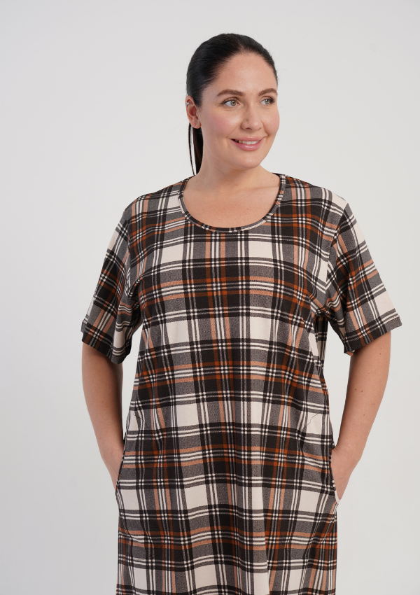 Koszula Nocna Damska Vienetta Classic Check, Brązowy, r. 1XL - 4XL