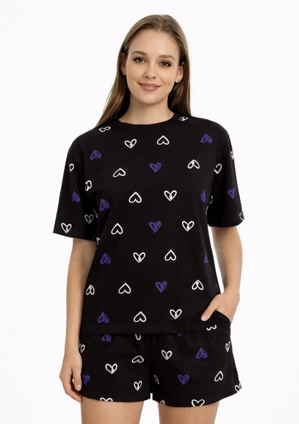 Piżama Damska Black Heart Set, Czarny, M-XL