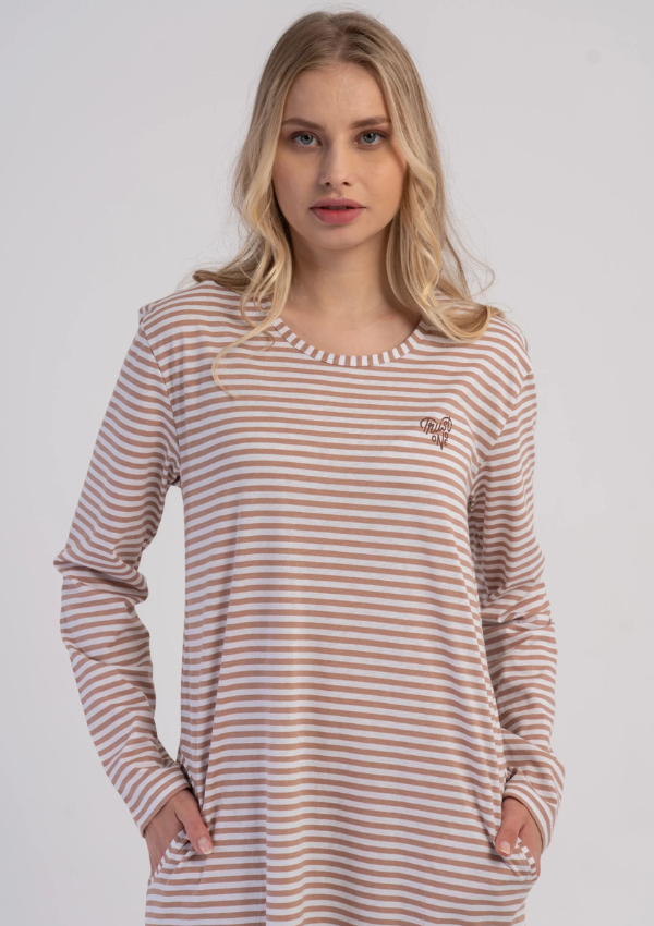 Koszula Nocna Damska Vienetta, Soft Stripe Long, Beżowy, r. M - XX