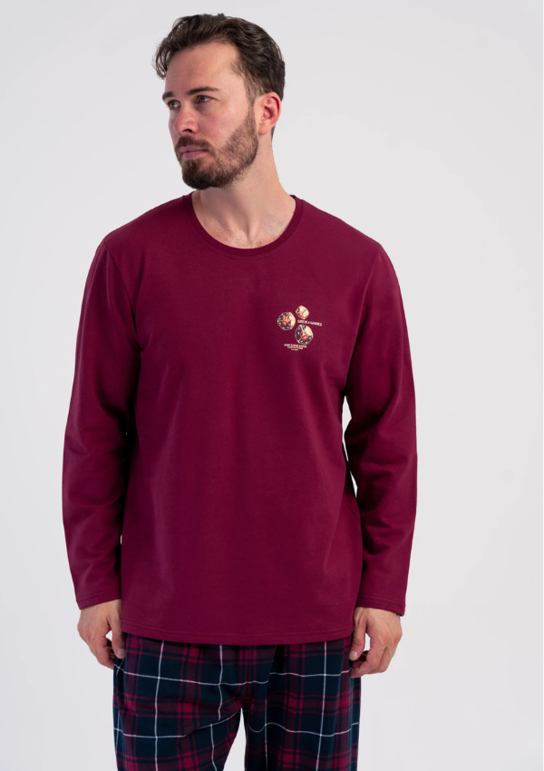 Piżama Męska Ocieplana Vienetta Midnight Burgundy, Bordowy, r. M-XXL