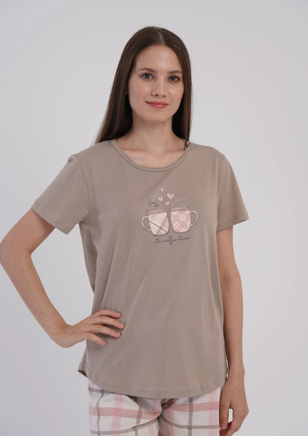 Piżama Damska Vienetta Latte Cups, Beżowy, S-XL