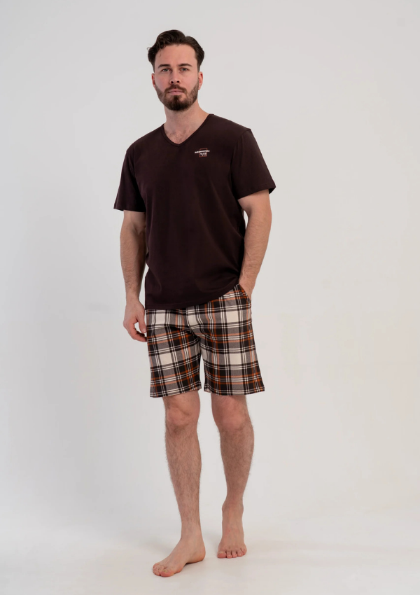 Piżama Męska Vienetta Brown Check Comfort, Brązowy, r. M-XXL