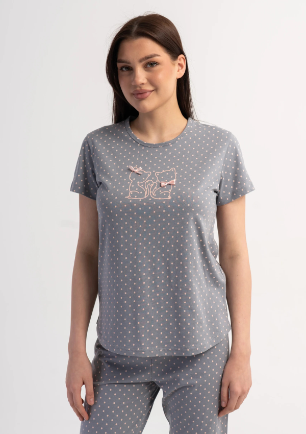Piżama Damska Vienetta Kitty Polka, Szary, r. M-XXL