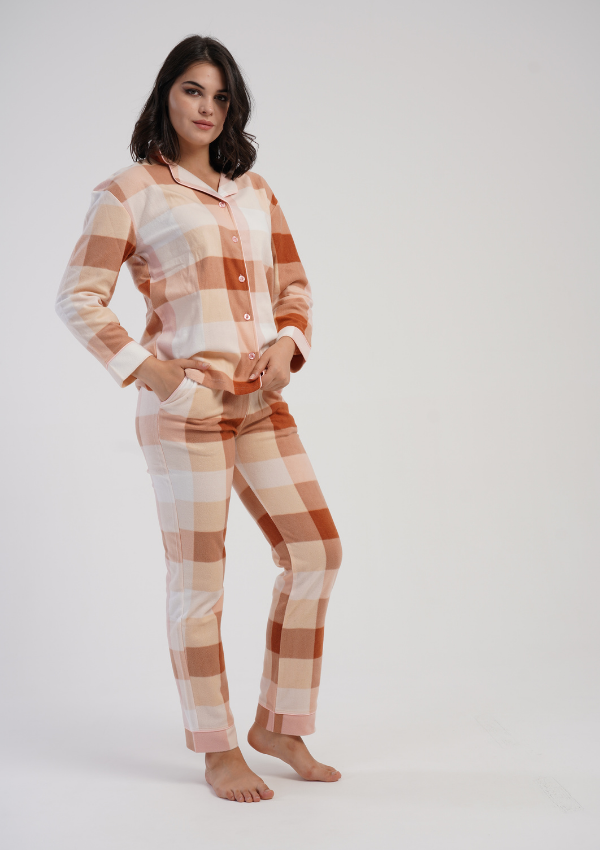 Piżama Damska Vienetta Cozy Plaid, Brzoskwiniowy, r. S-XL