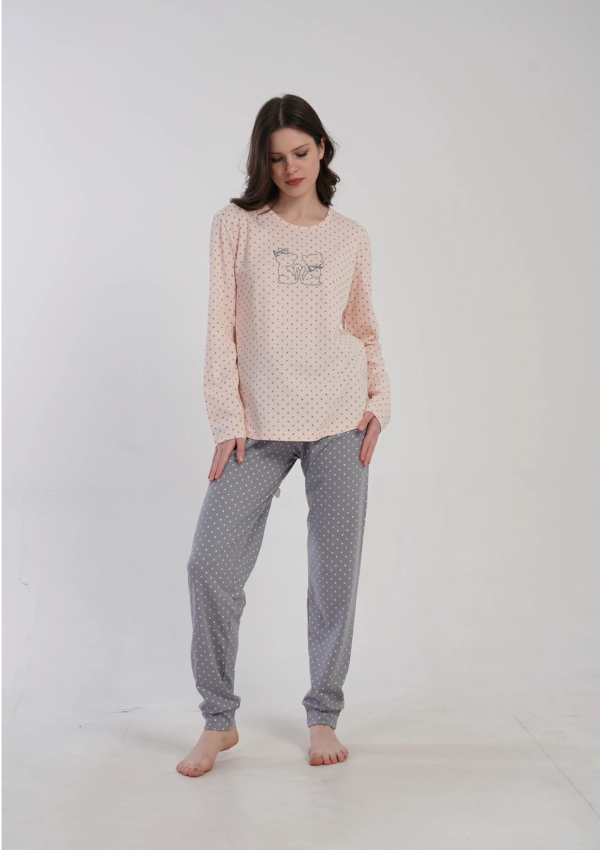 Piżama Damska Vienetta, Grey Kitty Dots, Różowy, r. S-XL