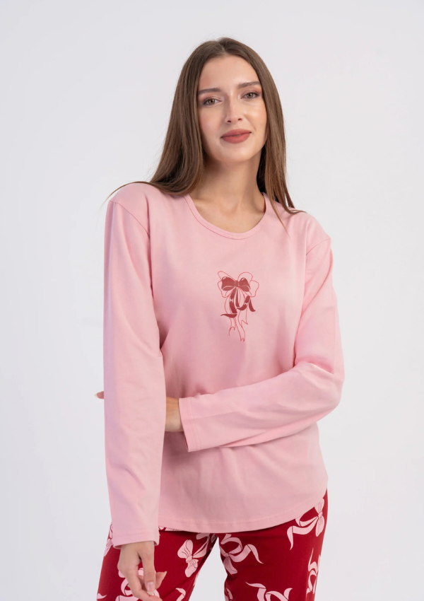 Piżama Damska Vienetta, Red Bow, Różowy, r. S-XL