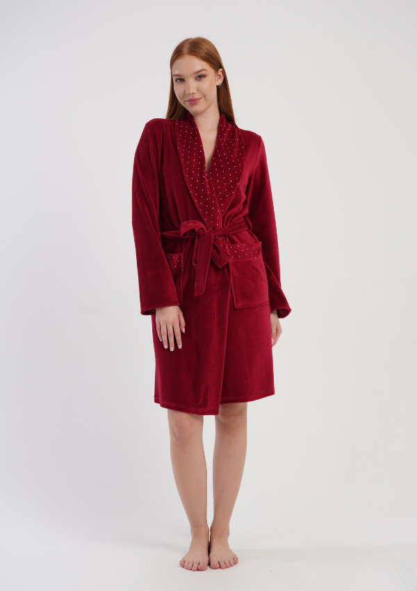 Szlafrok damski Welurowy Vienetta Royal Dots, Bordowy, r. M-XXL