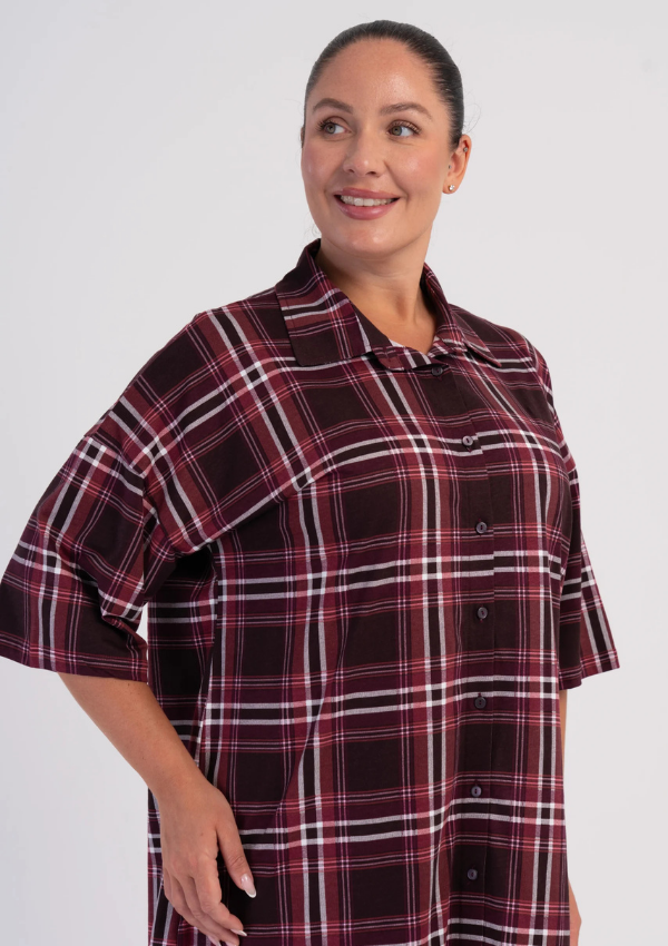 Koszula Nocna Damska Vienetta Check Button, Bordowy, r. 1XL - 4XL