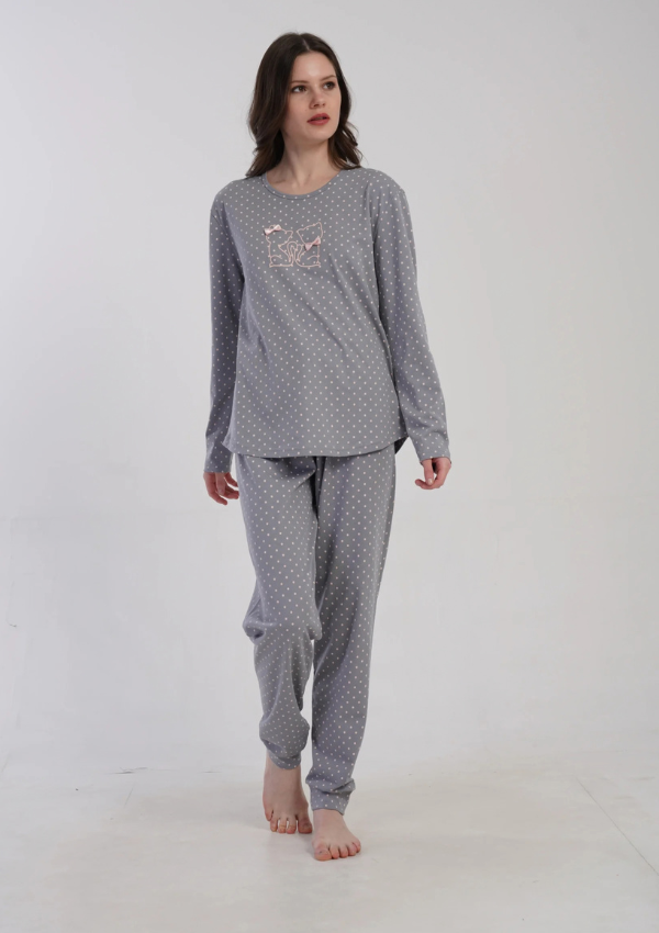Piżama Damska Vienetta, Grey Kitty Dots, Szary, r. S-XL