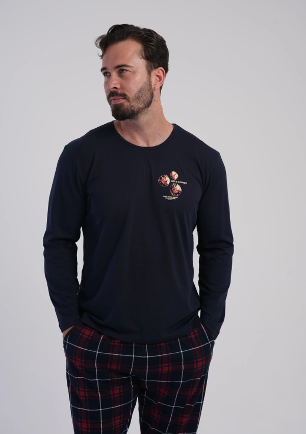 Piżama Męska Vienetta Navy-Burgundy Check, Granatowy, r. 1XL-4XL