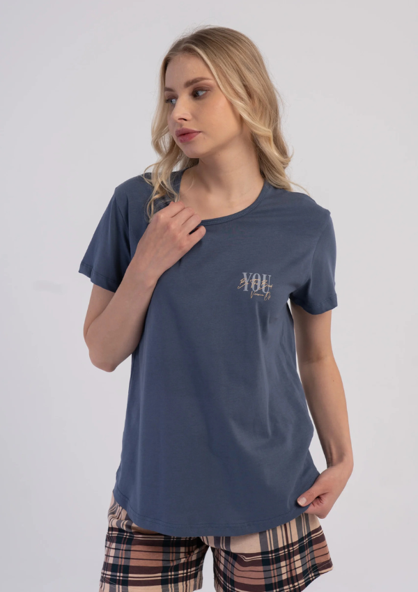 Piżama Damska Vienetta Cocoa Check, Niebieski, S -XL