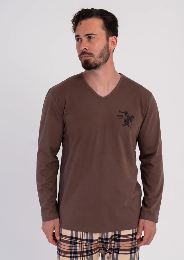 Piżama Męska Vienetta Brown Plaid, Brązowy, r. M-XXL