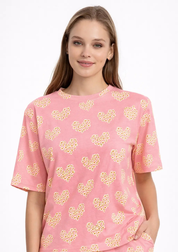 Piżama Damska Floral Heart Set, Różowy, M-XL