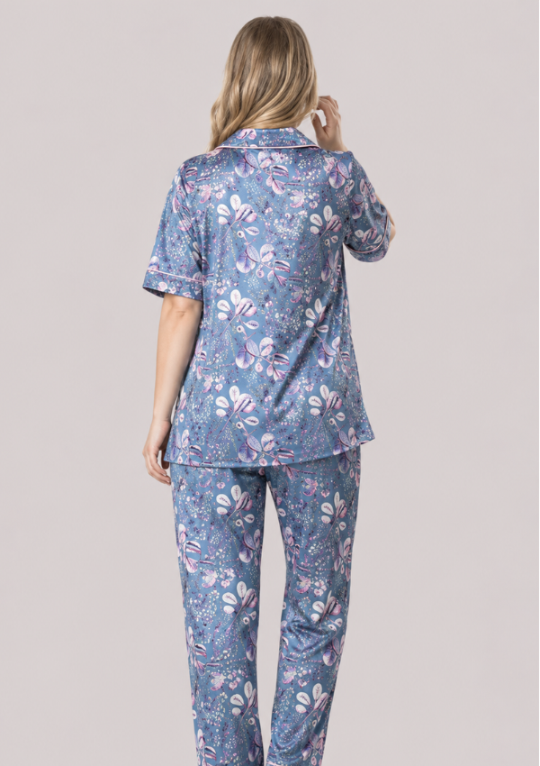 Piżama damska satynowa Vienetta, Blossom Satin, Niebieski, 1XL - 3XL