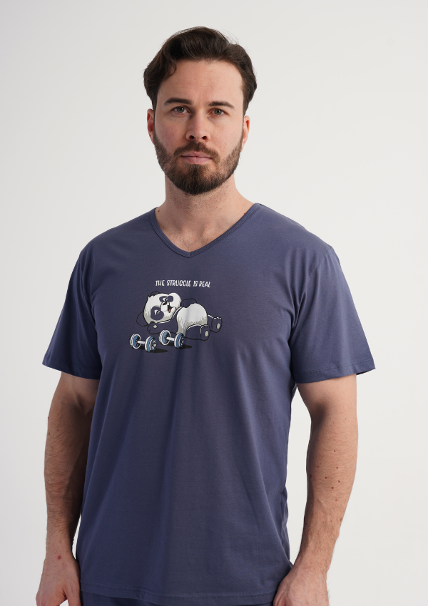 Piżama Męska Vienetta Panda Chill, Niebieski, r. S-XL