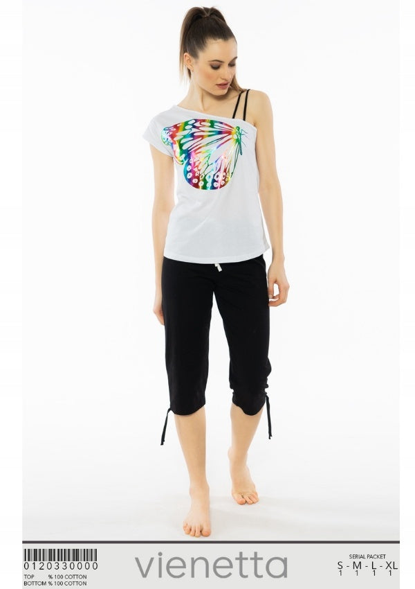 Piżama Damska Vienetta, Colorful Butterfly, Biała, r. S-XL