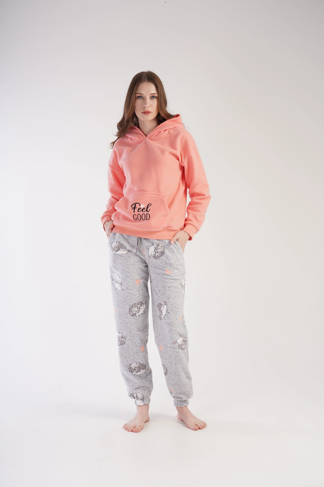 Piżama Damska Polarowa Vienetta Cuddly Hedgehog, brzoskwiniowo-szara, r. S-XL image 3