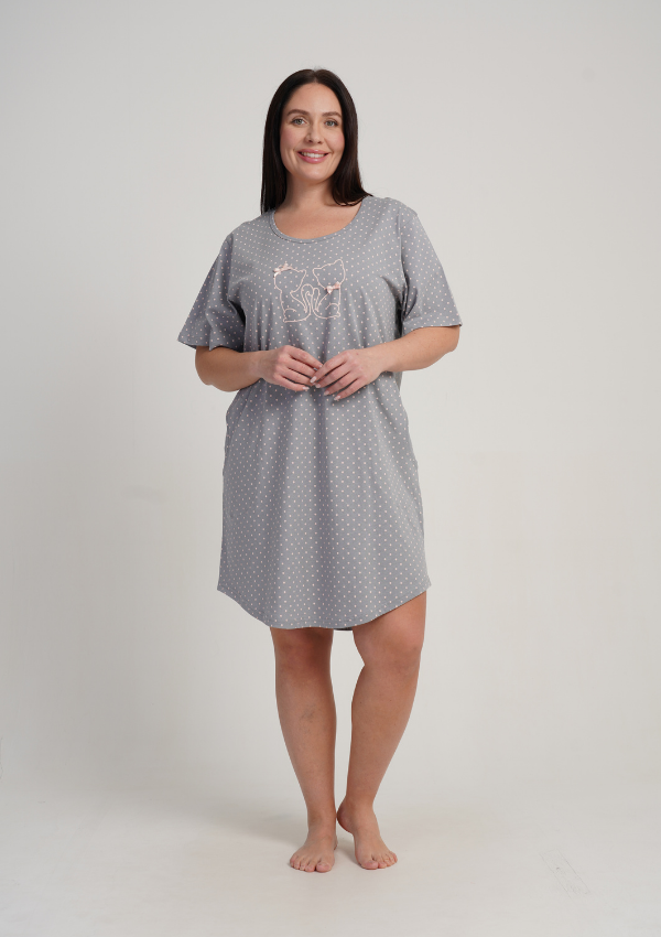 Koszula Nocna Damska Vienetta Cat Comfort, Szary, r. 1XL - 4XL
