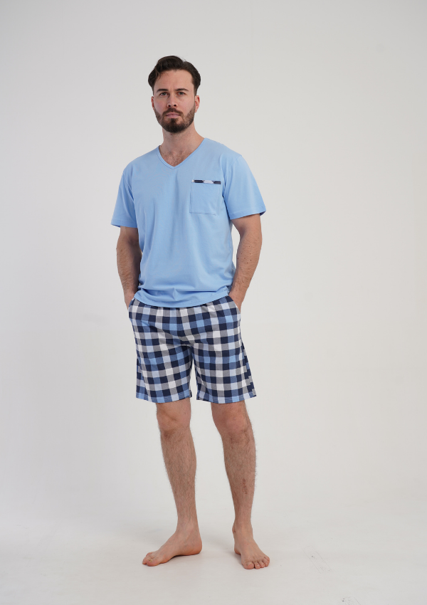 Piżama Męska Vienetta Light Blue Check, Niebieski, r. L-XXL