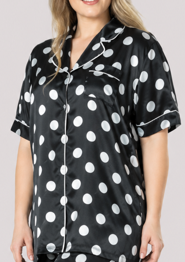 Piżama damska satynowa Vienetta, Dot Satin, Czarny, 1XL - 3XL