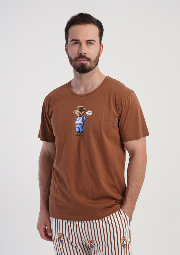 Piżama Męska Vienetta Lazy Teddy, Brązowy, r. S-XL