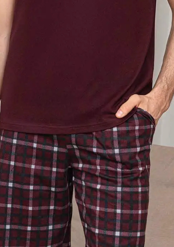 Piżama Męska Wine Check, Bordowy, r. M-XL