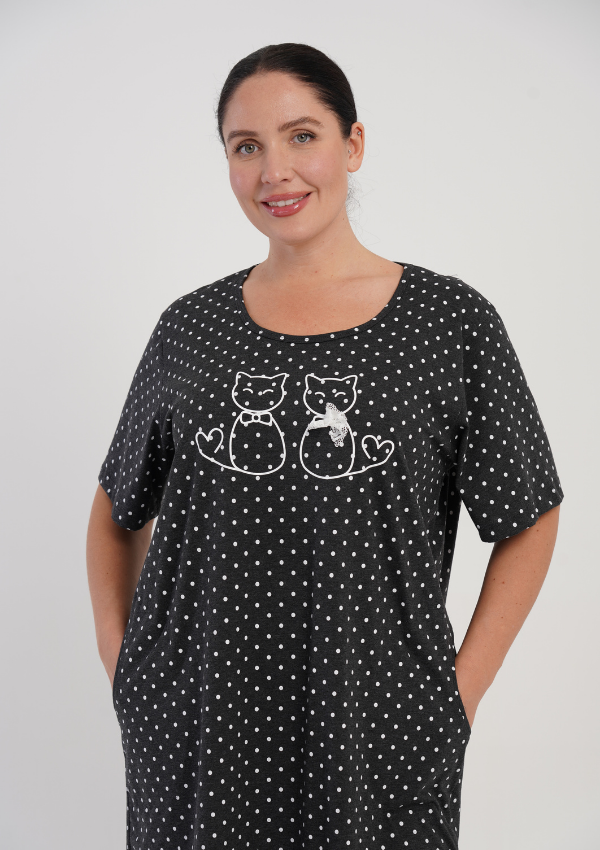 Koszula Nocna Damska Vienetta Lovely Cats, Grafitowy, r. 1XL - 4XL