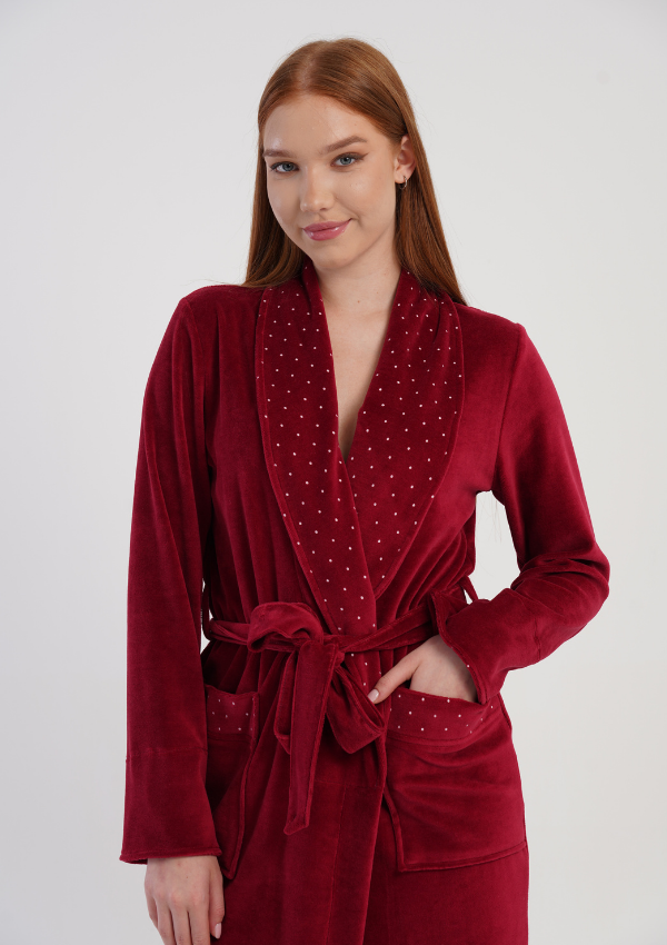 Szlafrok damski Welurowy Vienetta Royal Dots, Bordowy, r. M-XXL