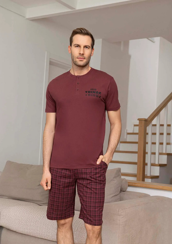 Piżama Męska Burgundy Check Set, Bordowy, r. M-XL