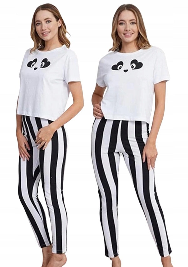 Piżama Damska Vienetta Heart Eyes Long, biało-czarna, r. S-L