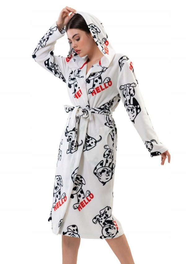 Szlafrok damski Vienetta, Hello Dogs, Biała, r. S-XL